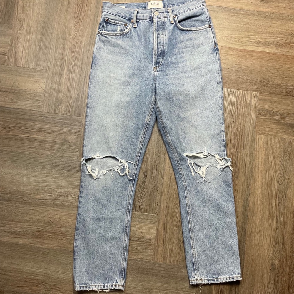 AGOLDE Riley High Rise Straight Leg Distressed Ankle Denim Jeans Womens 26 Blue